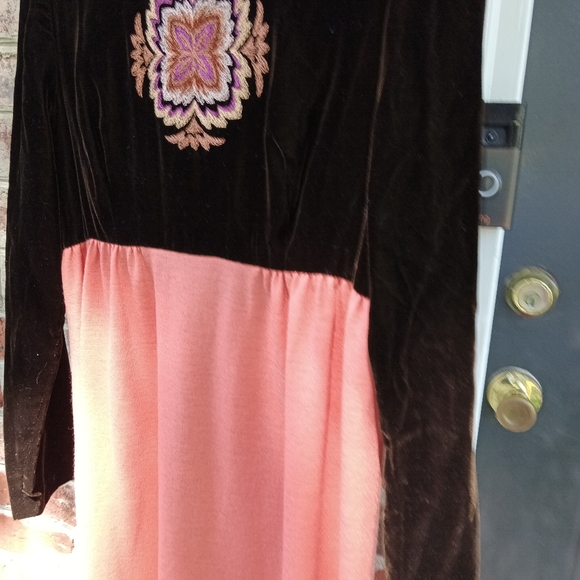 Designer Vntg 70s Cottagecore Maxi Dress 11 Peach Brown Velvet Flower Retro Boho - Picture 4 of 16